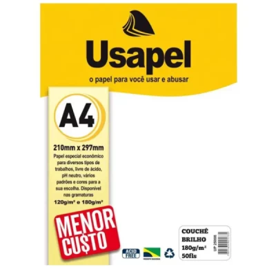 Papel Couche A4, Branco 180g - C/50Un - Usapel